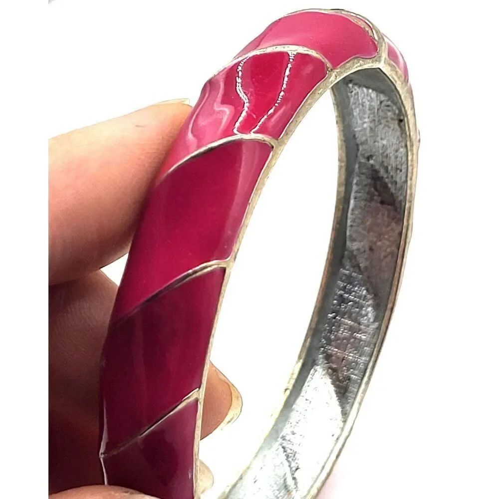 Vintage Silver Tone Fucshia Pink Large Cuff Bangle Statement Bracelet 2.25in